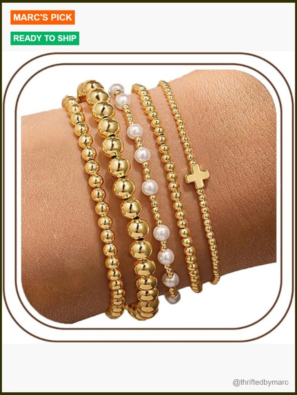 5-Piece Dainty Gold Beaded Bracelet Stack - Stretch Bracelets Set